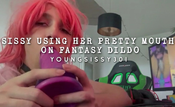Sissy Using Her Pretty Mouth On Fantasy Dildo